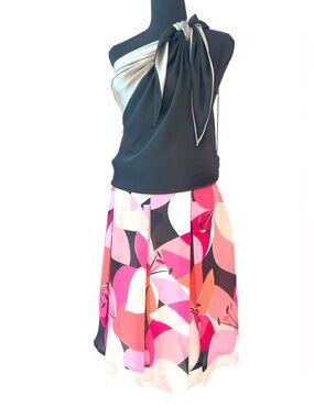 WORTHINGTON ~ Pink Black and Cream Colored Abstract Pleated Circle Skirt